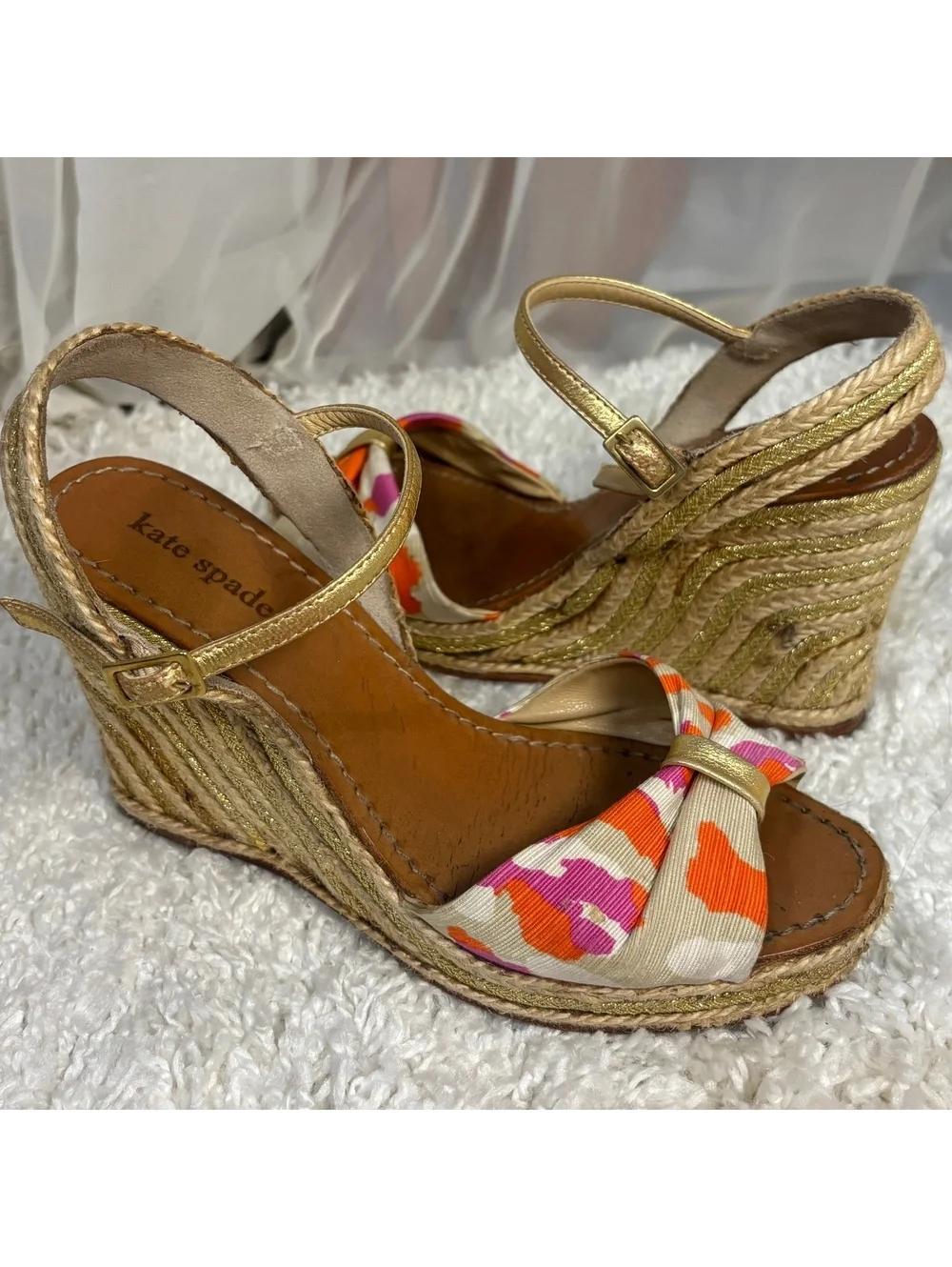 Kate Spade Floral Espadrille Wedge Sandals Gold Rope Ankle Strap Size 8.5